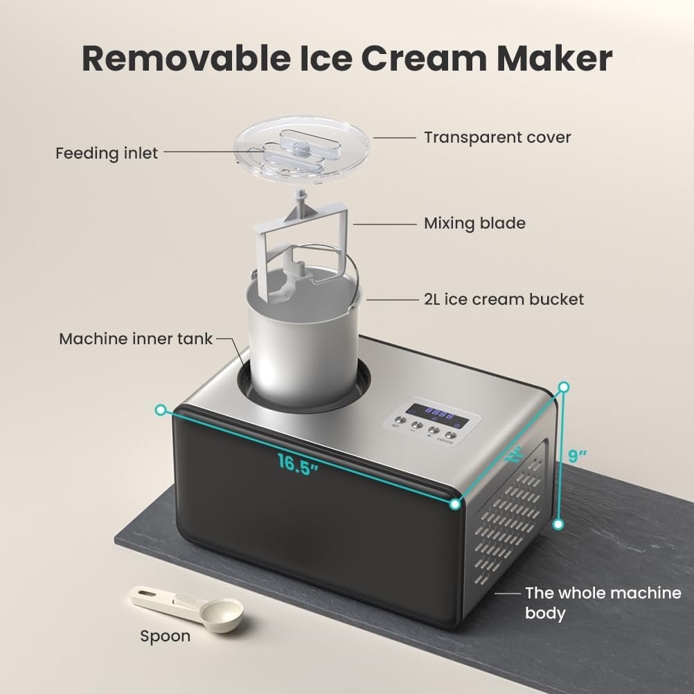 2L Ice Cream Maker with Compressor, No Pre-freezing Ice Cream Machine, 3 in 1, Button Control Panel & Timer, Homemade Ice Cream/Gelato/Sorbet/Frozen Yoghurt - Image 3