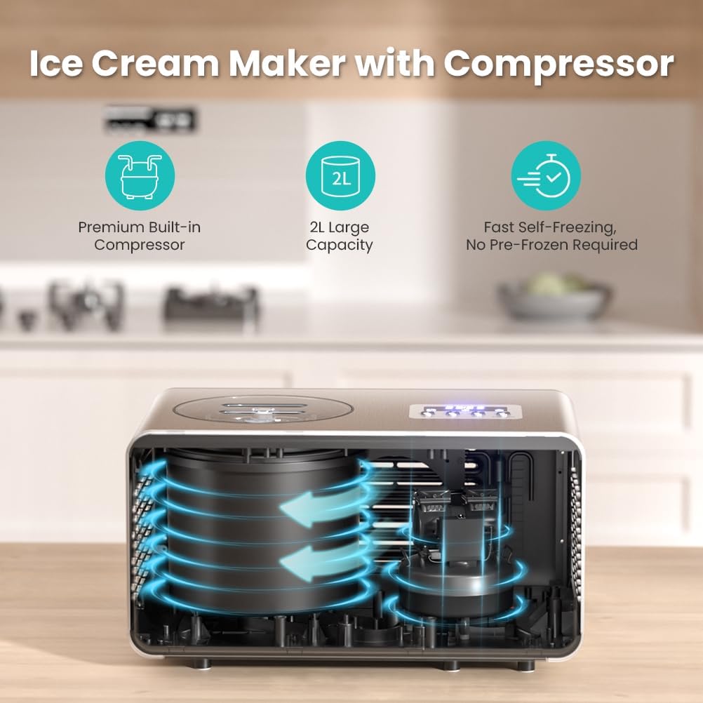 2L Ice Cream Maker with Compressor, No Pre-freezing Ice Cream Machine, 3 in 1, Button Control Panel & Timer, Homemade Ice Cream/Gelato/Sorbet/Frozen Yoghurt - Image 5