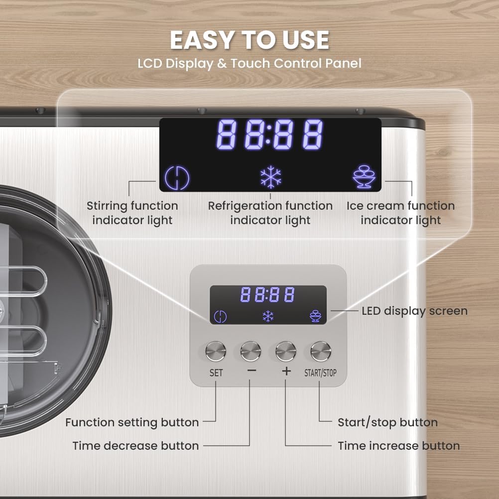 2L Ice Cream Maker with Compressor, No Pre-freezing Ice Cream Machine, 3 in 1, Button Control Panel & Timer, Homemade Ice Cream/Gelato/Sorbet/Frozen Yoghurt - Image 2